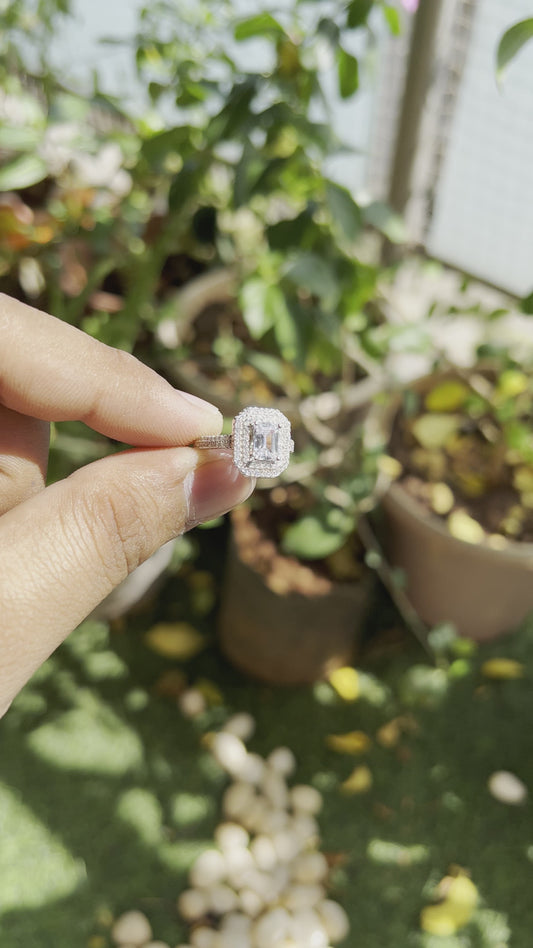 Silver Double Halo Emerald Cut Ring